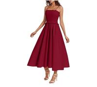 Dresses for Women UK Elegant for Special Occasion Casual Cami Maxi Sleeveless Flowy Dress A-Line Elastic Waist Tiered Long Ladies Dresses Solid Color Bohemian Dress for Home Vacation Beach Wedding