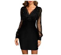 Dresses for Women UK Elegant Glitter Evening Cocktail Party Mini Black Dress A Line Ladies Sexy V Neck Mesh Long Sleeve Wedding Guest