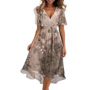 Dresses for Women UK Elegant Spring Summer V Neck Print Loose Casual Long Shoulder Sleeved Short Dress Women's Midi Boho Maxi Evening Pink Black Pinafore Brown Polka Dot Occasion Floral