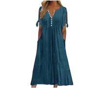 Dresses for Women UK Elegant Summer Dresses for Women UK Boho V Neck Button Floral Midi Dress Plus Size Casual Petite Short Sleeve Flowy Sundress Fashion Eyelet Ruffle Vacation Clothes Dark Blue XXL