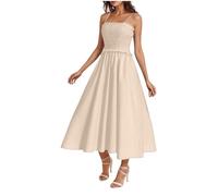 Dresses for Women UK Elegant Wedding Casual Cami Maxi Smocked Sleeveless Flowy Dress A-Line Elastic Waist Tiered Long Ladies Dresses Solid Color Bohemian Dress for Home Vacation Beach Wedding