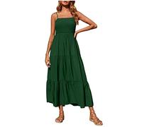 Dresses for Women UK Elegant Wedding Casual Cami Maxi Smocked Spaghetti Strap Dress Crew Neck Elastic Waist Tiered Long Ladies Dresses Solid Color Bohemian Dress for Home Vacation Beach Wedding