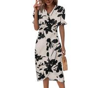 Dresses for Women UK Elegant Women's Summer Print V Neck Short Sleeve Beach Dress with, Button Casual Swing Midi Dress Elegant Boho Party Dres Loose A-Line Vacation Dres Cocktail Dresss