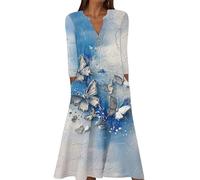 Dresses for Women UK Floral Dress Cotton Summer Women's Elegant V Neck 3/4 Sleeve Vintage Trendy Printed Maxi with Pockets Casual Loose Fit Button Down Beach Long Flowy(Sky Blue, S)
