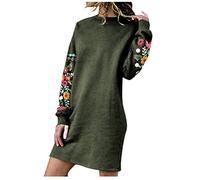 Dresses for Women UK Floral Embroidered Long Sleeve Casual Midi Dress Ladies Crew Neck Shift Dress Party Wear Loose Fit Knee Length Daily Jumper Fall Winter Trendy