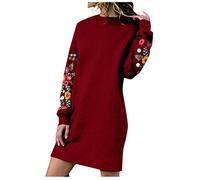 Dresses for Women UK Floral Embroidered Long Sleeve Casual Midi Dress Ladies Crew Neck Shift Dress Party Wear Loose Fit Knee Length Daily Jumper Fall Winter Trendy