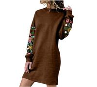 Dresses for Women UK Floral Embroidered Long Sleeve Casual Midi Dress Ladies Crew Neck Shift Dress Party Wear Loose Fit Knee Length Daily Jumper Fall Winter Trendy