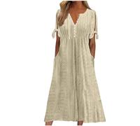 Dresses for Women UK, Holiday Essentials Ladies Summer Boho Dresses Short Sleeve Casual Beach Midi Sundress V Neck Hollow Out Eyelet Ruffle Swing A Line Flowy Vacation Dress Khaki