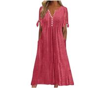 Dresses for Women UK, Holiday Essentials Ladies Summer Boho Dresses Short Sleeve Casual Beach Midi Sundress V Neck Hollow Out Eyelet Ruffle Swing A Line Flowy Vacation Dress Hot Pink