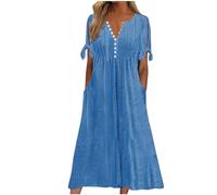 Dresses for Women UK, Holiday Essentials Ladies Summer Boho Dresses Short Sleeve Casual Beach Midi Sundress V Neck Hollow Out Eyelet Ruffle Swing A Line Flowy Vacation Dress Blue