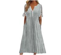 Dresses for Women UK, Holiday Essentials Ladies Summer Boho Dresses Short Sleeve Casual Beach Midi Sundress V Neck Hollow Out Eyelet Ruffle Swing A Line Flowy Vacation Dress Gray