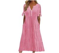 Dresses for Women UK, Holiday Essentials Ladies Summer Boho Dresses Short Sleeve Casual Beach Midi Sundress V Neck Hollow Out Eyelet Ruffle Swing A Line Flowy Vacation Dress Pink