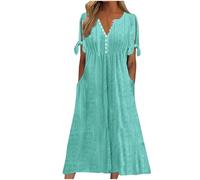 Dresses for Women UK, Holiday Essentials Ladies Summer Boho Dresses Short Sleeve Casual Beach Midi Sundress V Neck Hollow Out Eyelet Ruffle Swing A Line Flowy Vacation Dress Sky Blue