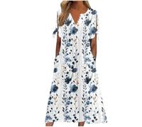 Dresses for Women UK, Holiday Essentials Ladies Summer Boho Dresses Short Sleeve Casual Beach Midi Sundress V Neck Hollow Out Eyelet Ruffle Swing A Line Flowy Vacation Dress