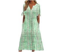 Dresses for Women UK, Holiday Essentials Ladies Summer Boho Dresses Short Sleeve Casual Beach Midi Sundress V Neck Hollow Out Eyelet Ruffle Swing A Line Flowy Vacation Dress