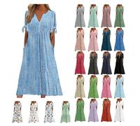 Dresses for Women UK, Holiday Essentials Ladies Summer Boho Dresses Short Sleeve Casual Beach Midi Sundress V Neck Hollow Out Eyelet Ruffle Swing A Line Flowy Vacation Dress