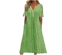 Dresses for Women UK, Holiday Essentials Ladies Summer Boho Dresses Short Sleeve Casual Beach Midi Sundress V Neck Hollow Out Eyelet Ruffle Swing A Line Flowy Vacation Dress