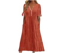 Dresses for Women UK, Holiday Essentials Ladies Summer Boho Dresses Short Sleeve Casual Beach Midi Sundress V Neck Hollow Out Eyelet Ruffle Swing A Line Flowy Vacation Dress Orange