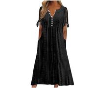 Dresses for Women UK, Holiday Essentials Ladies Summer Boho Dresses Short Sleeve Casual Beach Midi Sundress V Neck Hollow Out Eyelet Ruffle Swing A Line Flowy Vacation Dress Black