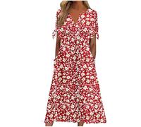 Dresses for Women UK, Holiday Essentials Ladies Summer Boho Dresses Short Sleeve Casual Beach Midi Sundress V Neck Hollow Out Eyelet Ruffle Swing A Line Flowy Vacation Dress