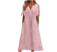 Dresses for Women UK, Holiday Essentials Ladies Summer Boho Dresses Short Sleeve Casual Beach Midi Sundress V Neck Hollow Out Eyelet Ruffle Swing A Line Flowy Vacation Dress