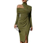 Dresses for Women UK Ladies Chic Plain Split Bodycon Wedding Guest Petite Women Solid Off Shoulder Slit Elegant Slim Fit Party Evening Formal Maxi Roman Army Green M