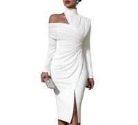 Dresses for Women UK Ladies Chic Plain Split Bodycon Wedding Guest Petite Women Solid Off Shoulder Slit Elegant Slim Fit Party Evening Formal Maxi Roman White L