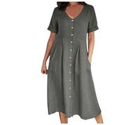 Dresses for Women UK Loose Fit V-Neck Short-Sleeve Midi Dress Breathable Solid Color Button-Down Holiday Dress with Pockets for Beach Vacation and Going Out Grey