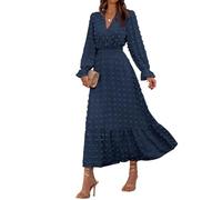 Dresses for Women UK Maxi Long Sleeve Flowy Casual Beach Dress Wrap Summer Plus Size Linen Chiffon Tea Dress Gold Blue Floral Smock Dresses Knee Length UK Hoodie Navy,XXL