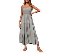 Dresses for Women UK Party Wear Curve Casual Cami Maxi Spaghetti Strap Dress Crew Neck Elastic Waist Tiered Long Ladies Dresses Solid Color Bohemian Dress for Home Vacation Beach Wedding