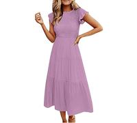 Dresses for Women UK Party Wear Curve Casual Maxi Ruffle Sleeve Dress Crew Neck Elastic Waist Tiered Long Ladies Dresses Solid Color Bohemian Dress for Home Vacation Beach Wedding A Purple