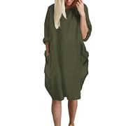 Dresses for Women UK Plus Size Casual Dress with Pocket Crewneck Solid T Shirts Dress Midi Length Sweatshirt Loose Fit Pull On Ladies Baggy Trendy Army Green 5XL