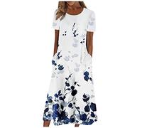 Dresses for Women UK Plus Size Ladies Dresses Size 14 Cotton Dresses for Women UK Crew Neck Ditsy Floral Print Maxi Dresses with Pockets A Line Swing Dresses Pleated Tartan Dress (White, L)
