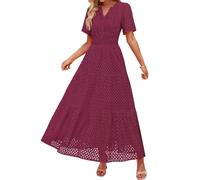 Dresses for Women UK Plus Size Women's Gown Women's 2025 Summer Short Sleeve Maxi Dress Casual V Neck Hollow Out Eyelet Ruffle Swing A Line Long Dress Fashionable Temperament Casual Loose Fit Wine
