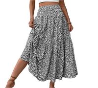 Dresses for Women UK Roman Womens Boho Elasticated Loose A-Line Floral Patch Pocket Petite Holiday Beach Ladies Floral Print Relaxed A Line Skirt Patch Pockets Midi Casual Summer Black XL