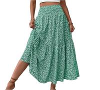Dresses for Women UK Roman Womens Boho Elasticated Loose A-Line Floral Patch Pocket Petite Holiday Beach Ladies Floral Print Relaxed A Line Skirt Patch Pockets Midi Casual Summer Green XL