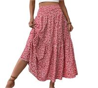 Dresses for Women UK Roman Womens Boho Elasticated Loose A-Line Floral Patch Pocket Petite Holiday Beach Ladies Floral Print Relaxed A Line Skirt Patch Pockets Midi Casual Summer Red S