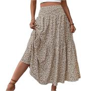 Dresses for Women UK Roman Womens Boho Elasticated Loose A-Line Floral Patch Pocket Petite Holiday Beach Ladies Floral Print Relaxed A Line Skirt Patch Pockets Midi Casual Summer Khaki XL