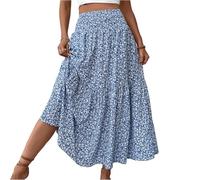 Dresses for Women UK Roman Womens Boho Elasticated Loose A-Line Floral Patch Pocket Petite Holiday Beach Ladies Floral Print Relaxed A Line Skirt Patch Pockets Midi Casual Summer Blue M