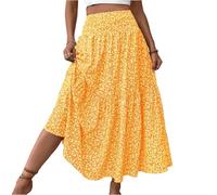 Dresses for Women UK Roman Womens Boho Elasticated Loose A-Line Floral Patch Pocket Petite Holiday Beach Ladies Floral Print Relaxed A Line Skirt Patch Pockets Midi Casual Summer Yellow M