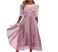 Dresses for Women UK Sale Clearance Crew Neck 3/4 Sleeve Chiffon Dresses Lace Floral Evening Elegant Swing Mesh Dress Party Disco Club Dress Ladies Cocktail Wedding Guest Outfit Pink