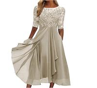 Dresses for Women UK Sexy Lace Chiffon Mesh Patchwork Maxi Dress Plain Half Sleeve Round Neck Long Dress Evening Dress Elegant Party Club Dress Cocktail Rehearsal Dinner Guest Wedding Bridesmaid Gowns