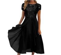 Dresses for Women UK Sexy Lace Chiffon Mesh Patchwork Maxi Dress Plain Half Sleeve Round Neck Long Dress Evening Dress Elegant Party Club Dress Cocktail Rehearsal Dinner Guest Wedding Bridesmaid Gowns