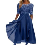 Dresses for Women UK Sexy Lace Chiffon Mesh Patchwork Maxi Dress Plain Half Sleeve Round Neck Long Dress Evening Dress Elegant Party Club Dress Cocktail Rehearsal Dinner Guest Wedding Bridesmaid Gowns
