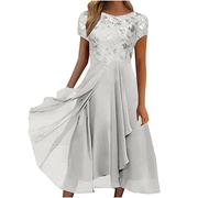 Dresses for Women UK Sexy Lace Chiffon Mesh Patchwork Maxi Dress Plain Half Sleeve Round Neck Long Dress Evening Dress Elegant Party Club Dress Cocktail Rehearsal Dinner Guest Wedding Bridesmaid Gowns