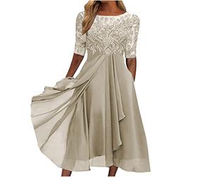 Dresses for Women UK Sexy Lace Chiffon Mesh Patchwork Maxi Dress Plain Half Sleeve Round Neck Long Dress Evening Dress Elegant Party Club Dress Cocktail Rehearsal Dinner Guest Wedding Bridesmaid Gowns