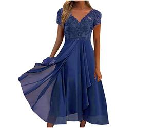 Dresses for Women UK Sexy Lace Chiffon Mesh Patchwork Maxi Dress Plain Half Sleeve Round Neck Long Dress Evening Dress Elegant Party Club Dress Cocktail Rehearsal Dinner Guest Wedding Bridesmaid Gowns