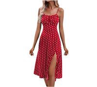 Dresses for Women UK Sexy Sleeveless Side Slit Midi Dress Casual Polka Dot Print Boho Style Dresses Summer Square Neck Spaghetti Strap Flowy Dress Elegant Boho Sundress Holiday Party Clubwwear
