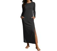Dresses for Women UK Solid Color Maxi Split Loose Comfortable Long Sleeve Dress Casual Ladies Dresses with Pockets Black