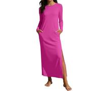 Dresses for Women UK Solid Color Maxi Split Loose Comfortable Long Sleeve Dress Casual Ladies Dresses with Pockets Hot Pink